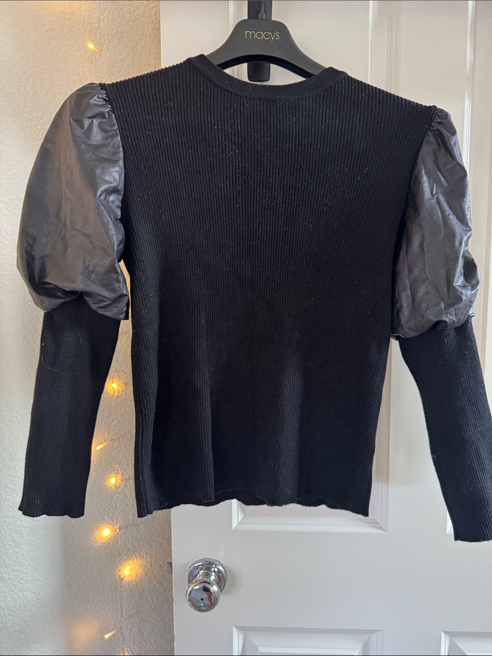 Macy's Black Ribbed Sweater with Faux Leather Puff Sleeves